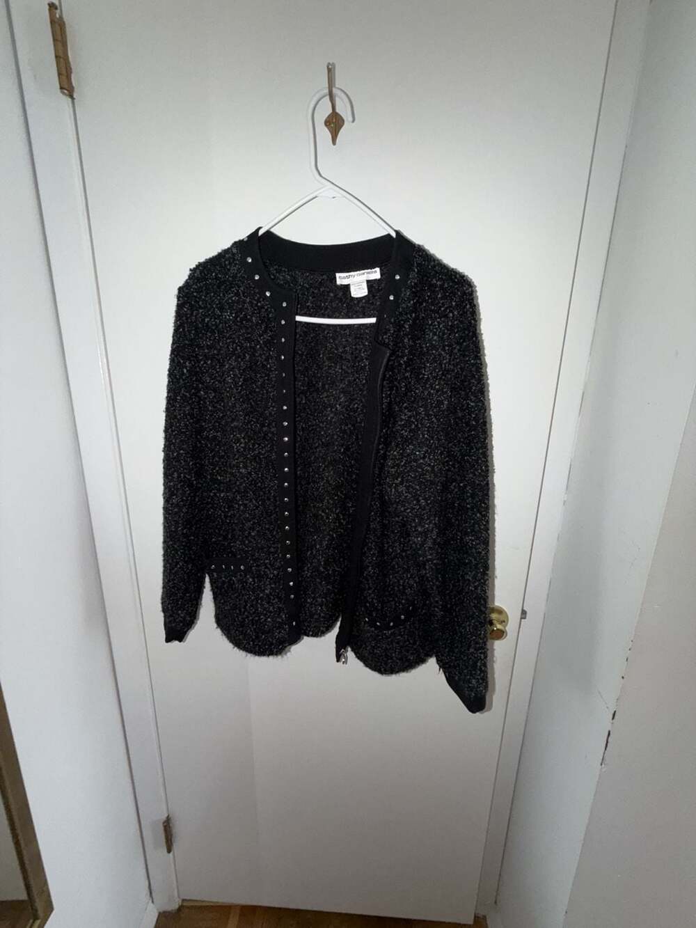 Cathy Daniels Tweed Boucle Zip Front Cardigan Sweater with Stud Embellishments